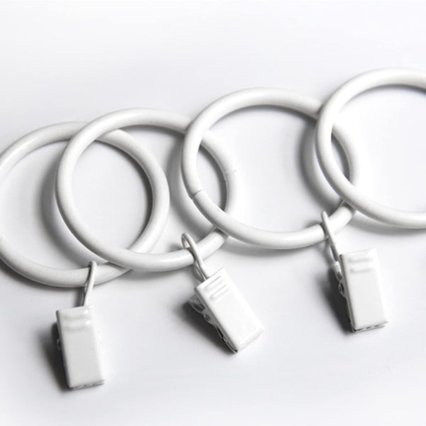 Set of 14 White Iron Metal Curtain Rings with Clips, Drapery Hooks, 1.25 Inch Interior Diameter for Hanging Curtains