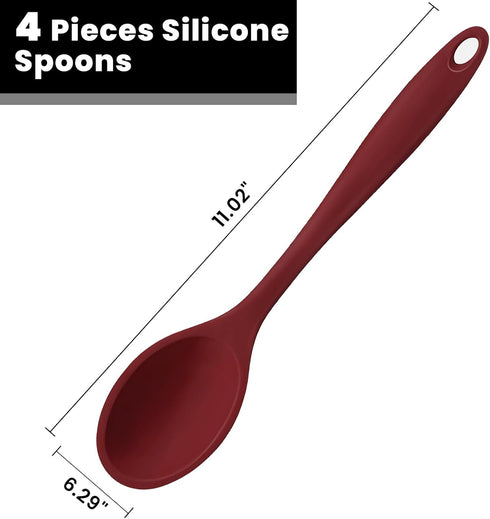 GEEKHOM Silicone Cooking Spoons, 4 Pieces 11" Heat Resistant Silicone Kitchen Utensils Set Large Serving Stirring Spoons for Non Stick Cooking, Mixing, Basting, Baking, Red