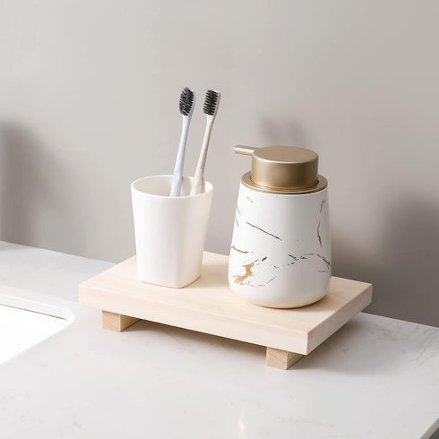Wood Pedestal Stand Bathroom Counter Organizer, Farmhouse Decorative Tray Soap Holder for Kitchen Decor, Burlywood