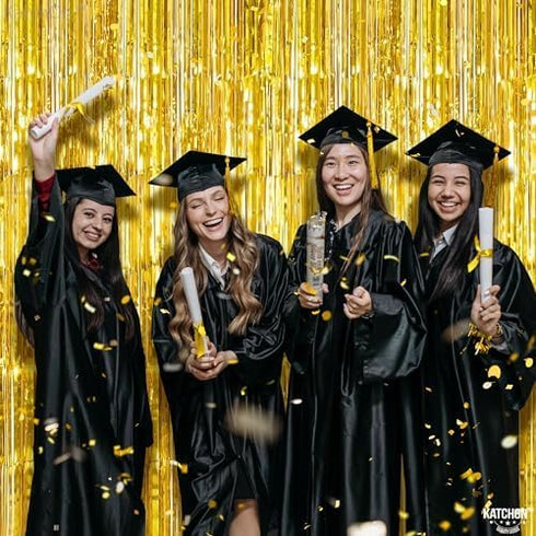 KatchOn XtraLarge Gold Fringe Curtain Backdrop, 8x3.2 Feet, Pack of 2 Gold Streamers for Party Decorations