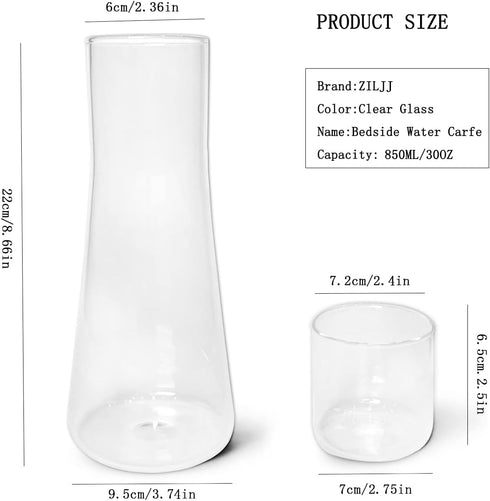 Set (30 oz/850ml) ZILJJ Clear Bedside Water Carafe with Tumbler Glass for Bedroom, Mouthwash Decanter for Bathroom