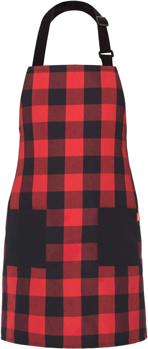 Chef Bib Apron - Red/Black, 32" x 28", 40" Long Ties, Adjustable Neck Strap, 2 Pockets, Christmas Gift for Men Women