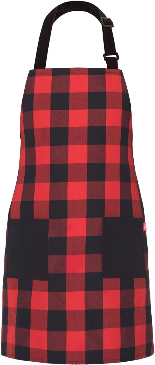 Chef Bib Apron - Red/Black, 32" x 28", 40" Long Ties, Adjustable Neck Strap, 2 Pockets, Christmas Gift for Men Women