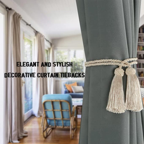 BEL AVENIR 4 Pack Handmade Curtain Tiebacks with Tassel, Decorative Curtain Holdbacks (Beige, 4 Pack)