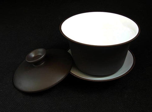 Gaiwan Teacup Kungfu Tea Bowl 4oz/130ml Zisha Red Clay with Sancai Saucers (Black White)