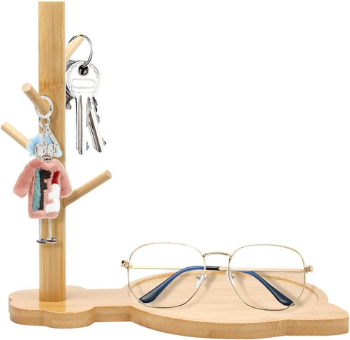Wood Key Tray with 3 Stand Branch Vertical, Modern Cat Tray for Entryway Table, Valet Organizer for Livingroom, Bedroom