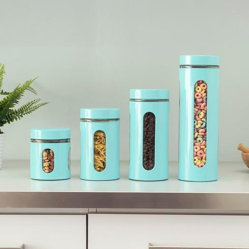 Kitchen Canisters Set for Countertop by Home Basics, Retro-Styled Stainless Steel and Glass, 4 Pieces (Turquoise)