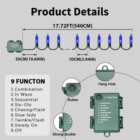 50 16 9 6 LAMPHOME LED Blue Christmas Lights Outdoor, FT Mini String Light with Modes & Hour Timer, Waterproof Battery