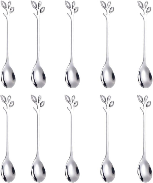 AnSaw Elegant Silver Leaf Coffee Spoons - 10-Piece Mini Stainless Steel Espresso & Dessert Tea Spoons, 4.7"