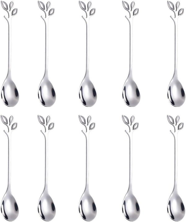 AnSaw Elegant Silver Leaf Coffee Spoons - 10-Piece Mini Stainless Steel Espresso & Dessert Tea Spoons, 4.7"