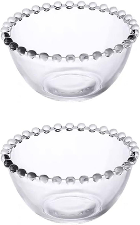 Sizikato 2pcs Clear Glass Dessert Bowl, 4.5-Inch Beaded Edges Fruit Bowl, Salad Bowl