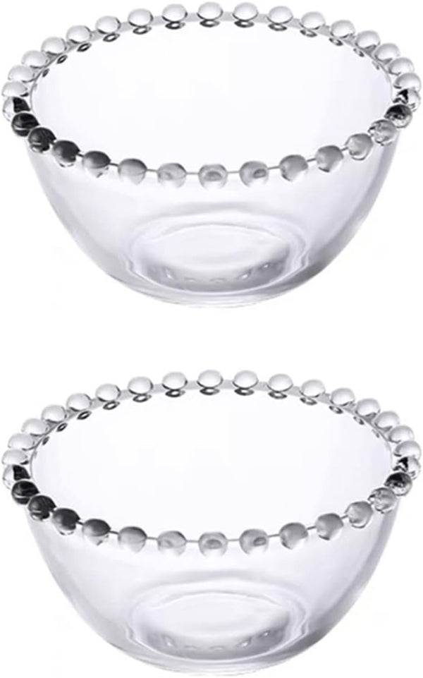 Sizikato 2pcs Clear Glass Dessert Bowl, 4.5-Inch Beaded Edges Fruit Bowl, Salad Bowl
