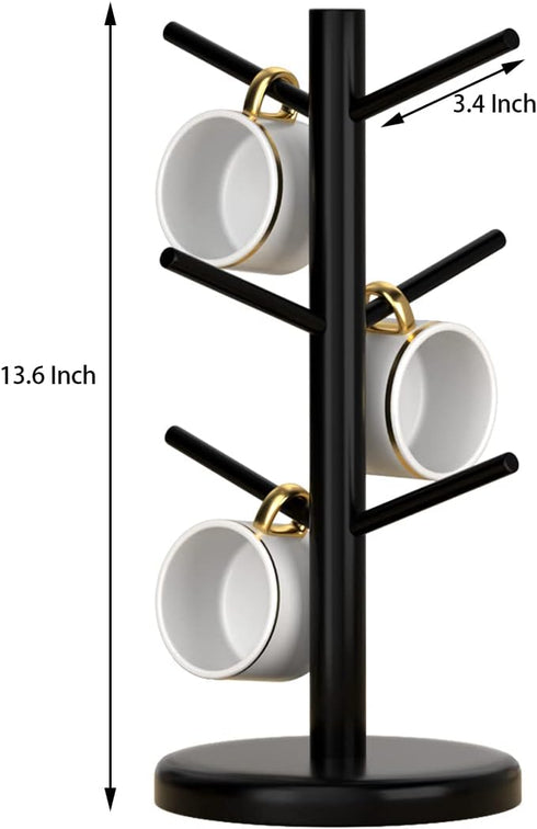Dorhors Black Coffee Mug Holder Tree, Coffee Bar Organizer with 6 Hooks, Wood Coffee Mug Rack for Counter