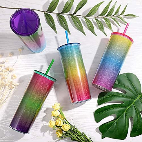 Home Tune Rainbow Tumbler with Straw, Sand Flow Glitter Double Wall Acrylic Cup, 21 oz / 640ml, Blue