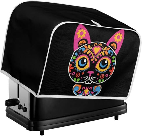Toaster Cover 2 Slice, Sugar Skull Cat Black, Day of Dead Cartoon Cats, Washable Protective Cover with Hang Loop
