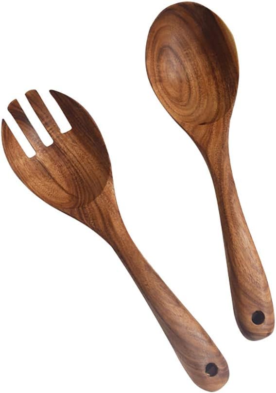 Wooden Salad Server Set of 2, 10-Inch Acacia Stirring Spoon Utensils for Serving Salad