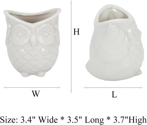 White Ceramic Owl Succulent Planter Pot with Drainage Tray, Cute Animal Cactus Container