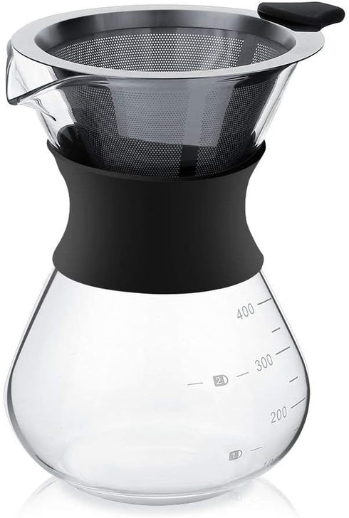 Pour Over Coffee Maker with Stainless Steel Filter, Reusable Glass Coffee Pot Manual Dripper, No Paper Filters