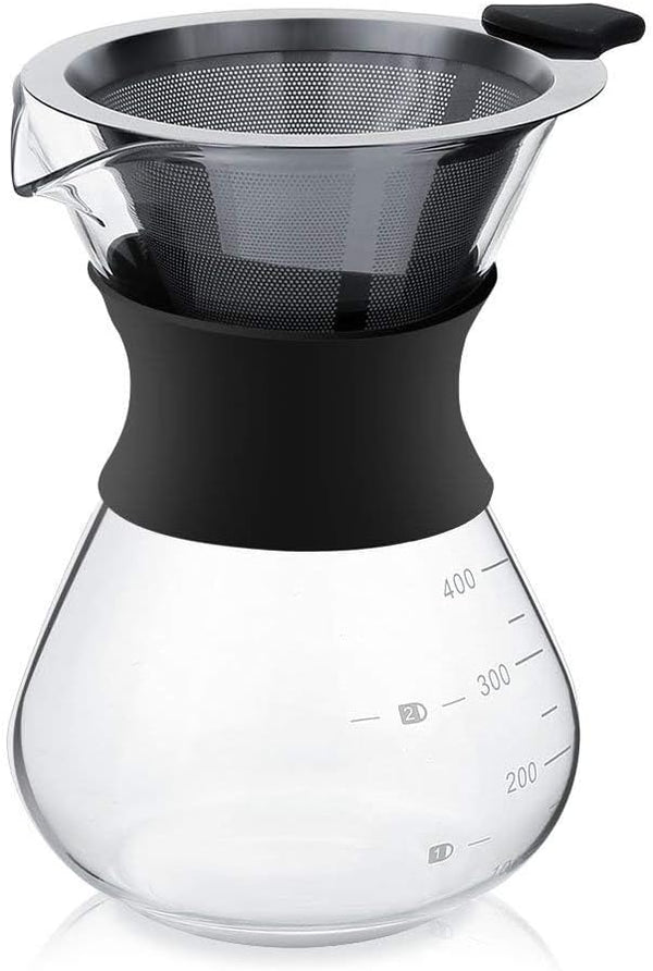 Pour Over Coffee Maker with Stainless Steel Filter, Reusable Glass Coffee Pot Manual Dripper, No Paper Filters