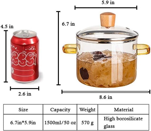 Clear Glass Simmer Pot with Lid for Cooking Potpourri Cookware 1.5L 50oz Saucepan Pots for Stove Top Small Soup Pan