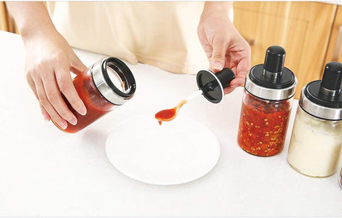TENTA KITCHEN 3 High Borosilicate Glass Spice Jars, 8.45 oz, Airtight Cap, Premium Commercial Grade, Spoon and Lid
