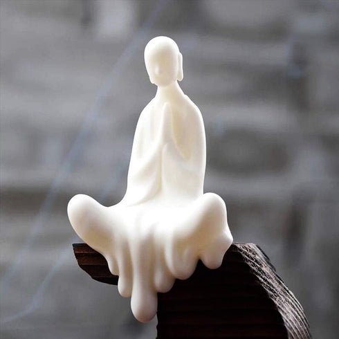 Kingzhuo White Ceramic Cute Sitting Buddha Statue, Beautiful Praying Hands Meditation Monk Figurine, 4'' Tall