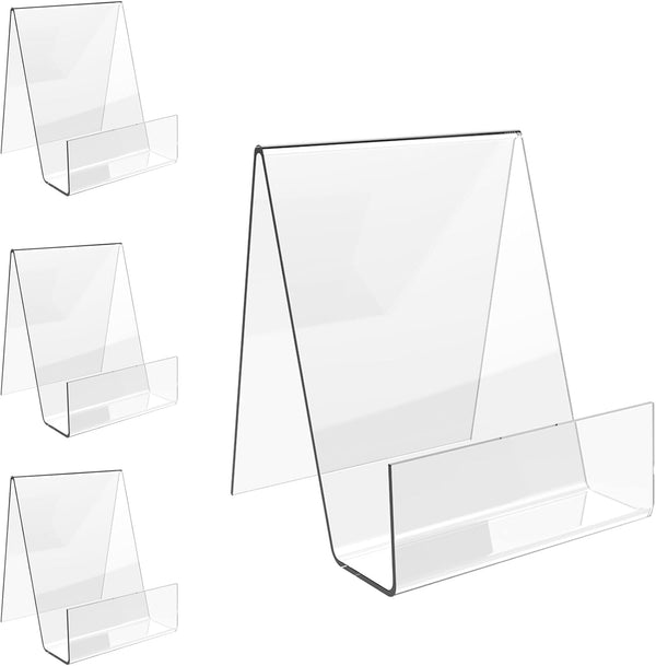 Acrylic Book Stand with Ledge - 4PC 4 Inch Clear Display Easel for Books, Magazines, Plates, Pictures, Artworks