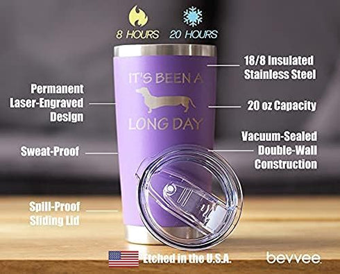 Bevvee Long Day - Insulated Coffee Tumbler Cup with Sliding Lid, Stainless Steel Insulated Mug, Dog Themed Coffee Gifts