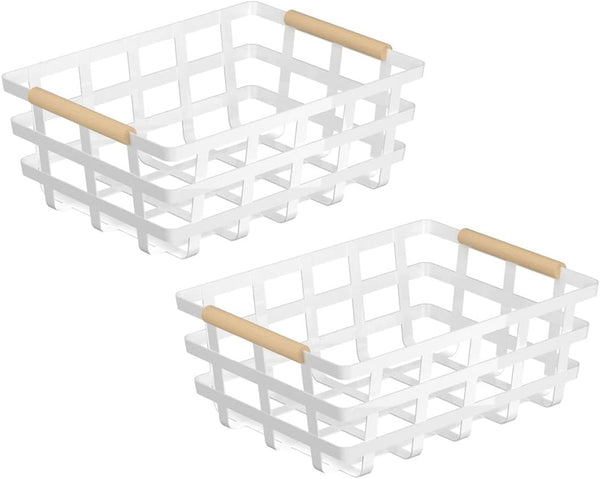 Farmhouse Wire Storage Baskets, Pantry Organizer Baskets with Wood Handle, Metal Bins for Kitchen Pantry (2 Pack)