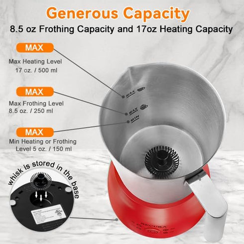 17 oz 4-in-1 Secura Detachable Milk Frother and Steamer, Electric Milk Warmer, Hot/Cold Foam Maker, Teflon-Free