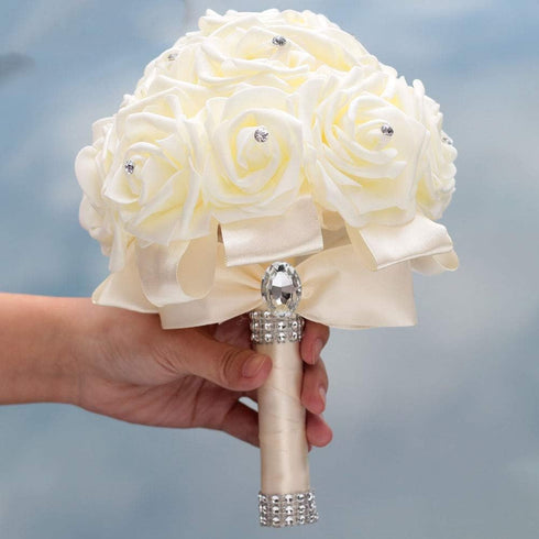 WIFELAI-A Ivory Cream Bouquet with Diamond Soft Ribbons - Artificial PE Rose Bridal Flowers for Wedding, Party, Church