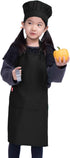Kids Adjustable Bib Apron and Chef Hat Set, 2 Pockets, Cute Black Kitchen Apron for Boys Girls Cooking (2-5 Year)