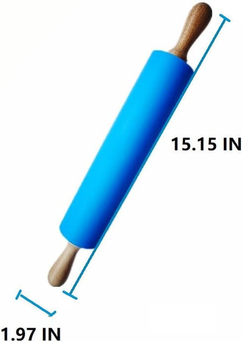 Silicone Rolling Pin with Non Stick Surface and Wooden Handle (Blue)