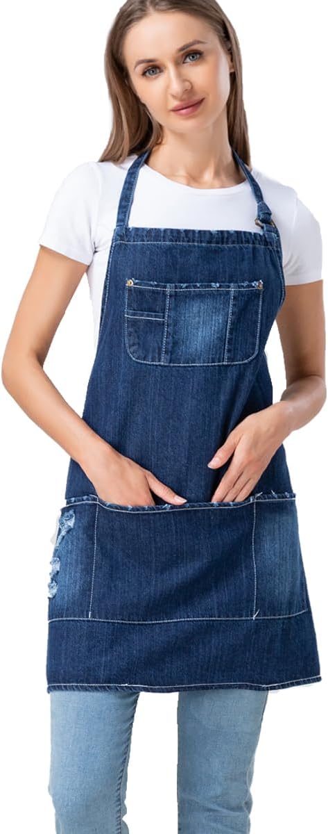 Denim Apron with 5 Pockets for Kitchens, Adjustable Bib Jean Apron for Work
