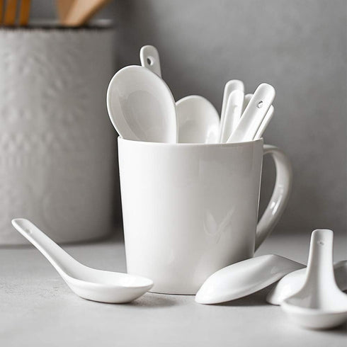 DOWAN Asian Soup Spoons - Set of 12, 5.3 Inch White Ceramic Dessert Spoons for Pho, Miso, Ramen
