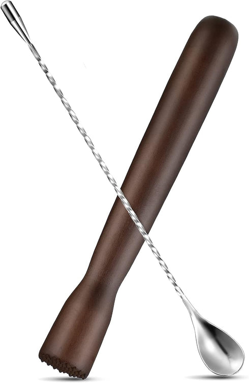 Patelai Wooden Cocktail Drinks Muddler and 12 Inch Bar Spoon, Stainless Steel Shaker Mixing Spoon for Cocktails