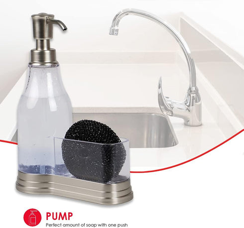 Home Basics Plastic Soap Dispenser with Fixed Sponge Holder and Brushed Steel Top, Chrome