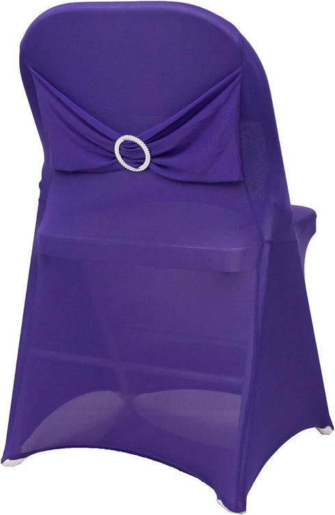 Efavormart Purple Spandex Folding Slip On Chair Cover with Silver Rhinestone Buckled Sash Band, Stretch Fitted Chair