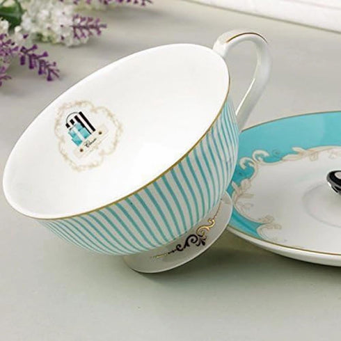 Cup & Saucer Set Bone China Porcelain Tea Coffee Cup for Breakfast Afternoon Tea - Blue Stripe Pattern (1)