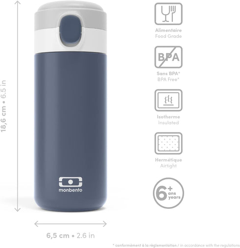 MONBENTO Insulated Bottle MB Pop Infinity - 12 Oz, Leakproof, Hot/Cold for Kids School/Park or Adult Handbag - Blue