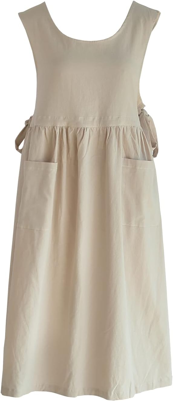 Premium Plus Size Adjustable Waistline Bib Apron, Soft Cotton Blend with Pockets (Cream Color)