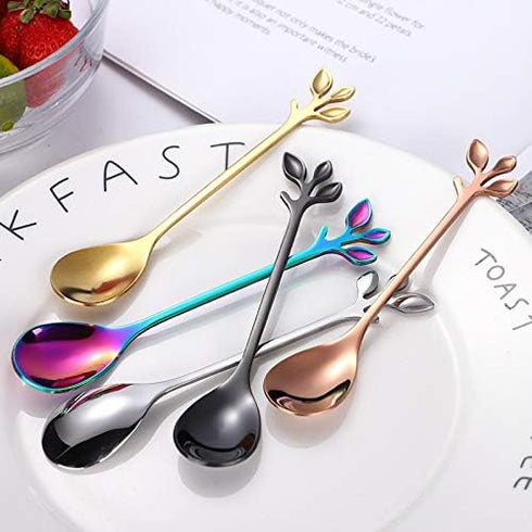 12 pcs Stainless Steel Gold Leaf Coffee Spoon Set, Creative Tableware Dessert Spoons for Ice Cream, Cake, Tea