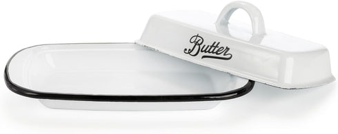 Suwimut Enamelware Butter Dish with Lid, Vintage Style White Butter Container with Black Rim for Countertop