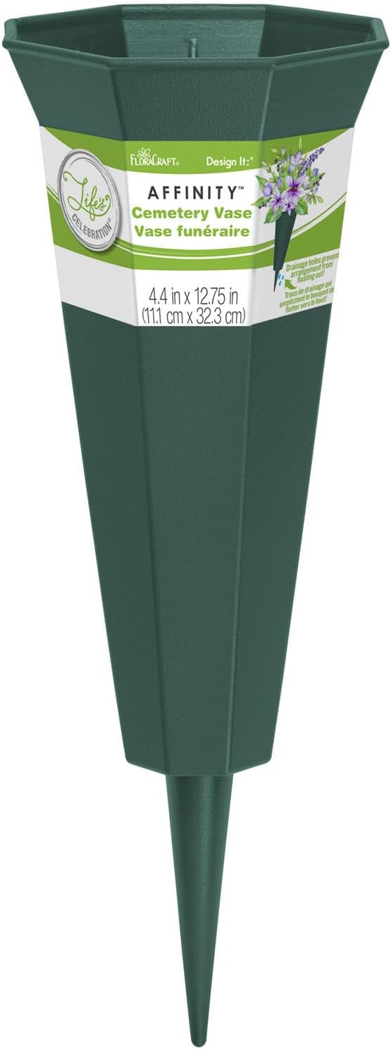 FloraCraft Affinity Green Plastic Cemetery Vase with Permanent Spike, 4.4 inch x 12.75 inch