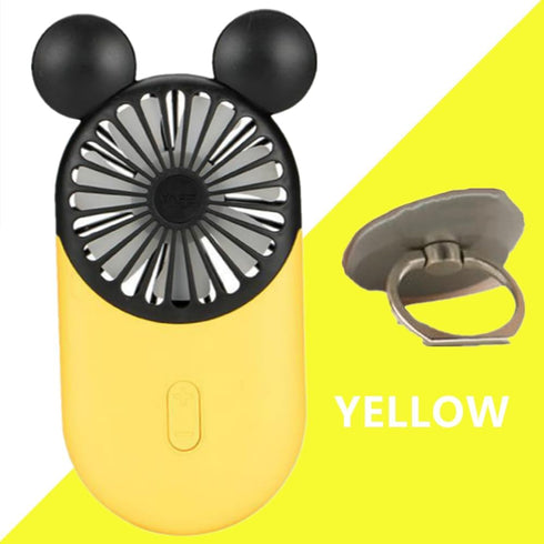 Cute Mouse Personal Mini Fan, Handheld USB Rechargeable Fan with Pretty LED Light, 3 Adjustable Speeds with Portable Holder, for Indoor Or Outdoor Park School, Yellow by Generic