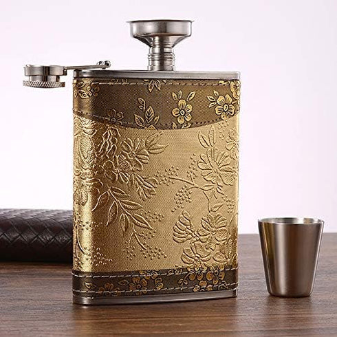 Golden Pattern 8 Oz Gift, 100% Stainless Steel Flask (304/18-8 SS), Bonus 2 Shot Glass + 1 Funnel + 1 Giftbox