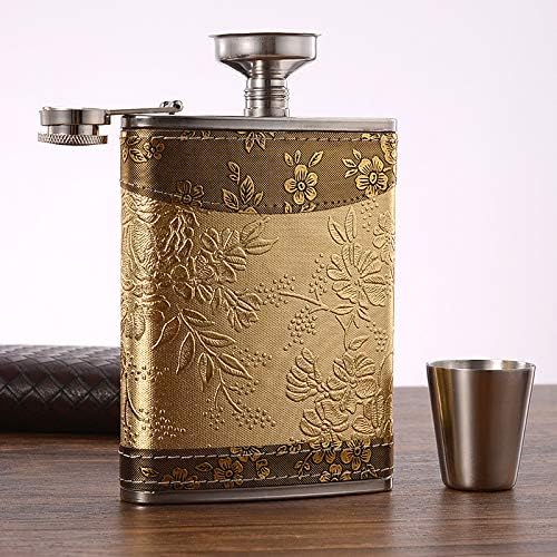 Golden Pattern 8 Oz Gift, 100% Stainless Steel Flask (304/18-8 SS), Bonus 2 Shot Glass + 1 Funnel + 1 Giftbox