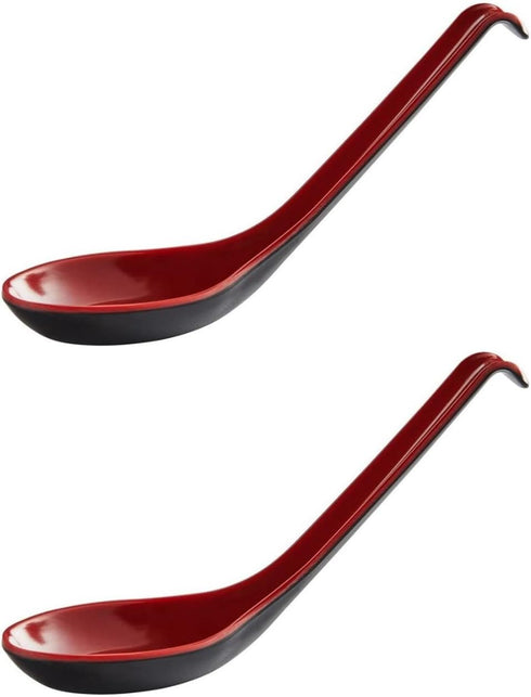 2 Pack Red and Black 6.5-Inch Asian Soup Spoon with Hook Fuji Chinese Japanese Korean Style for Melamine Won Ton Rice