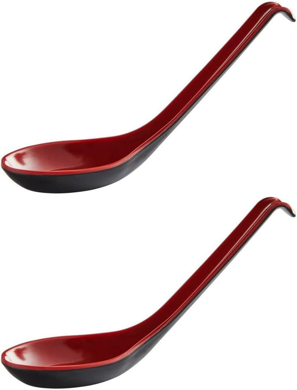 2 Pack Red and Black 6.5-Inch Asian Soup Spoon with Hook Fuji Chinese Japanese Korean Style for Melamine Won Ton Rice