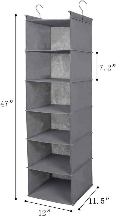 MAX Houser 6 Tier Shelf Hanging Closet Organizer, Foldable Hanging Shelf with 2 Sturdy Hooks for Storage (Grey)
